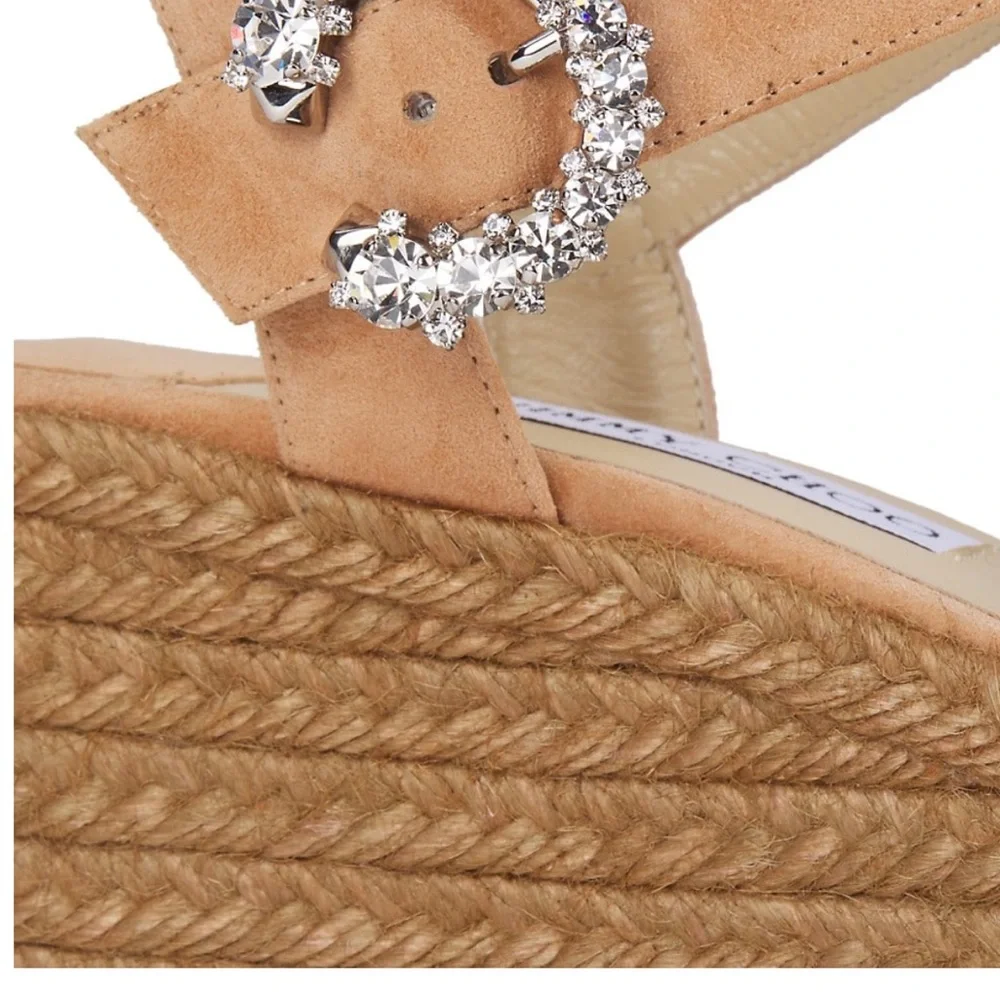Jimmy Choo Beige Suede Espadrille Wedge Sandals with Crystal Buckle